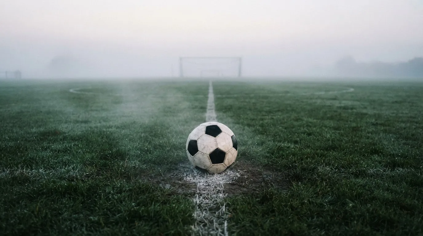 Ein Fußball liegt auf dem Anstoßpunkt eines leeren Rasenplatzes im Morgennebel.