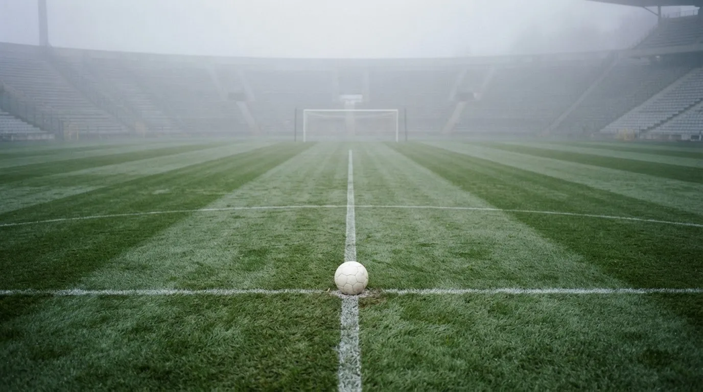 Ein Fußball liegt auf dem Anstoßpunkt eines leeren Rasenplatzes im Morgennebel.