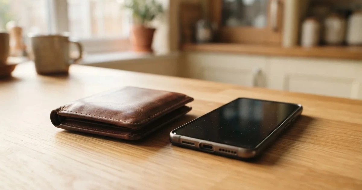 Ein Portemonnaie aus Leder liegt geschlossen auf einem hellen Holztisch neben einem Smartphone mit dunklem Display.
