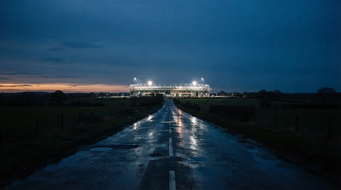 Ein Stadion unter Flutlicht aus großer Entfernung gesehen, davor eine regennasse Straße in der Dämmerung.