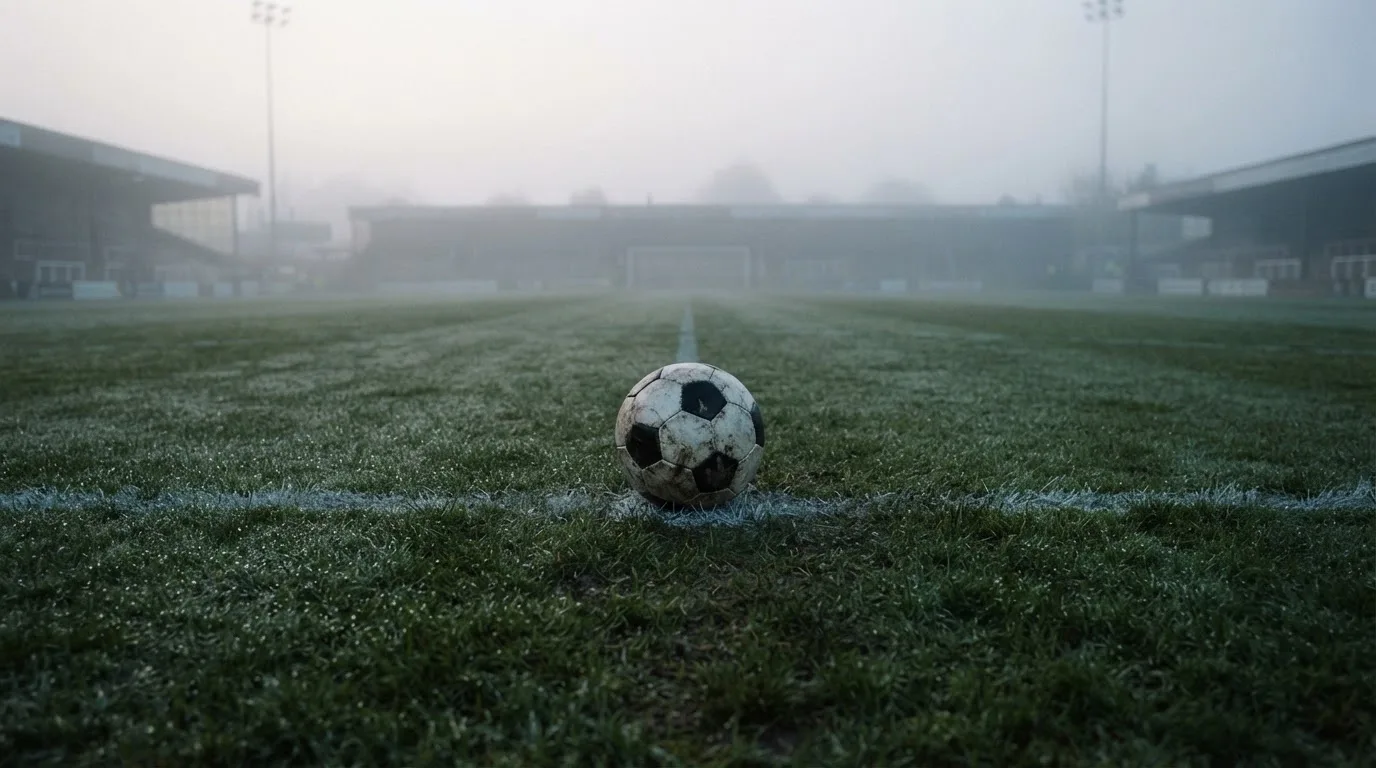 Ein Fußball liegt auf dem Anstoßpunkt eines leeren Rasenplatzes im Morgennebel.