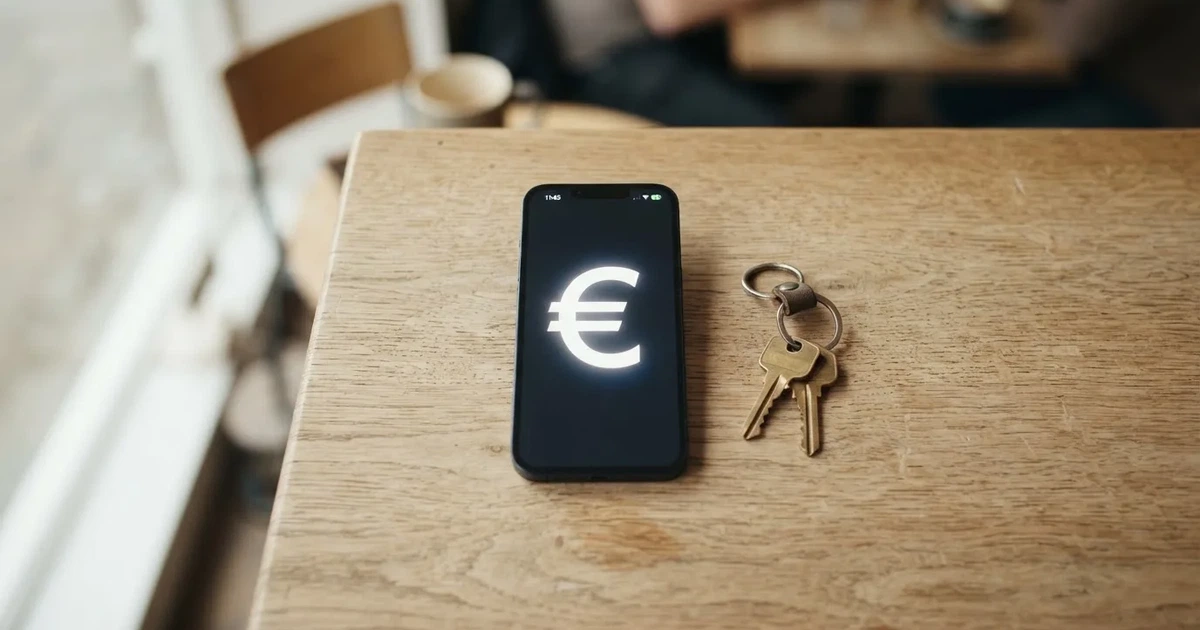 Ein Smartphone mit dunklem Display liegt auf einem hellen Tisch neben einem Schlüsselbund, Tageslicht fällt von der Seite ein.