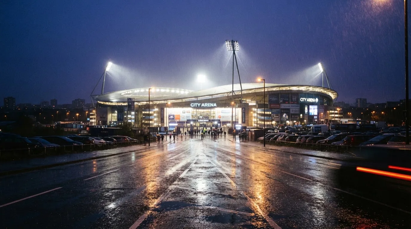 Ein Stadion unter Flutlicht aus großer Entfernung gesehen, davor eine regennasse Straße in der Dämmerung.