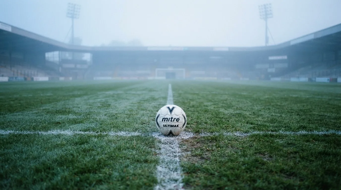Ein Fußball liegt auf dem Anstoßpunkt eines leeren Rasenplatzes im Morgennebel.
