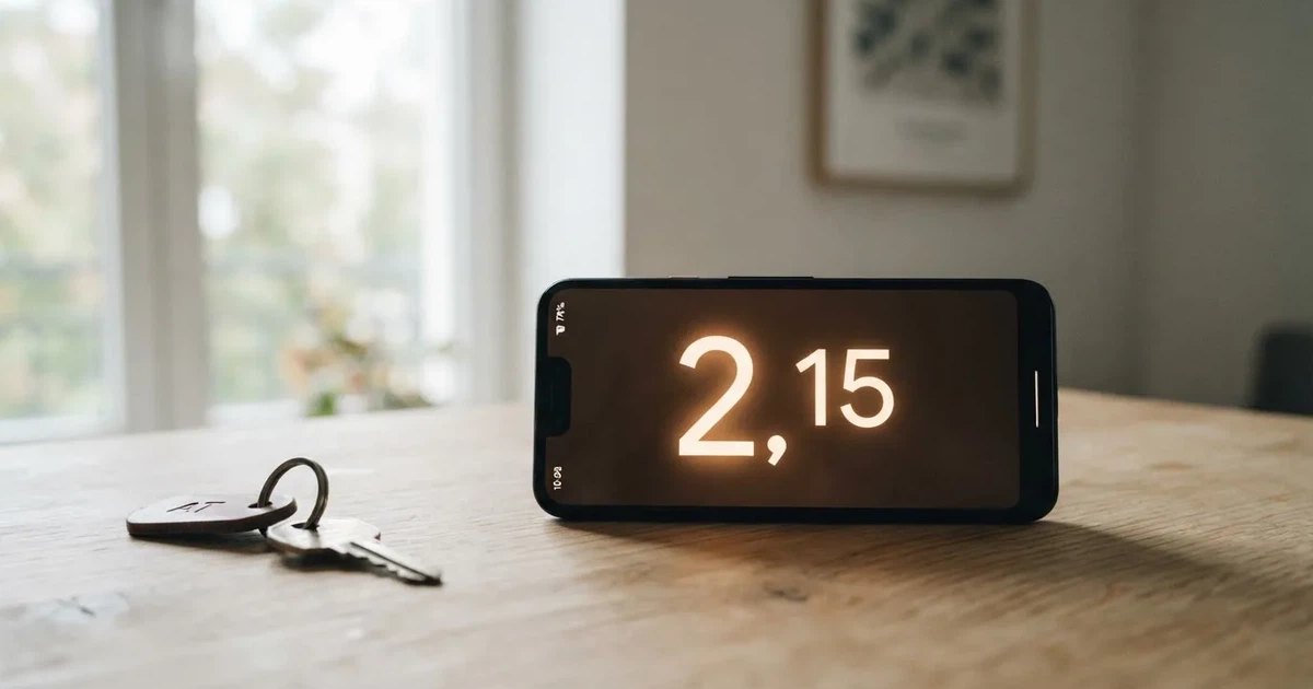 Ein Smartphone mit dunklem Display liegt auf einem hellen Tisch neben einem Schlüsselbund, Tageslicht fällt von der Seite ein.