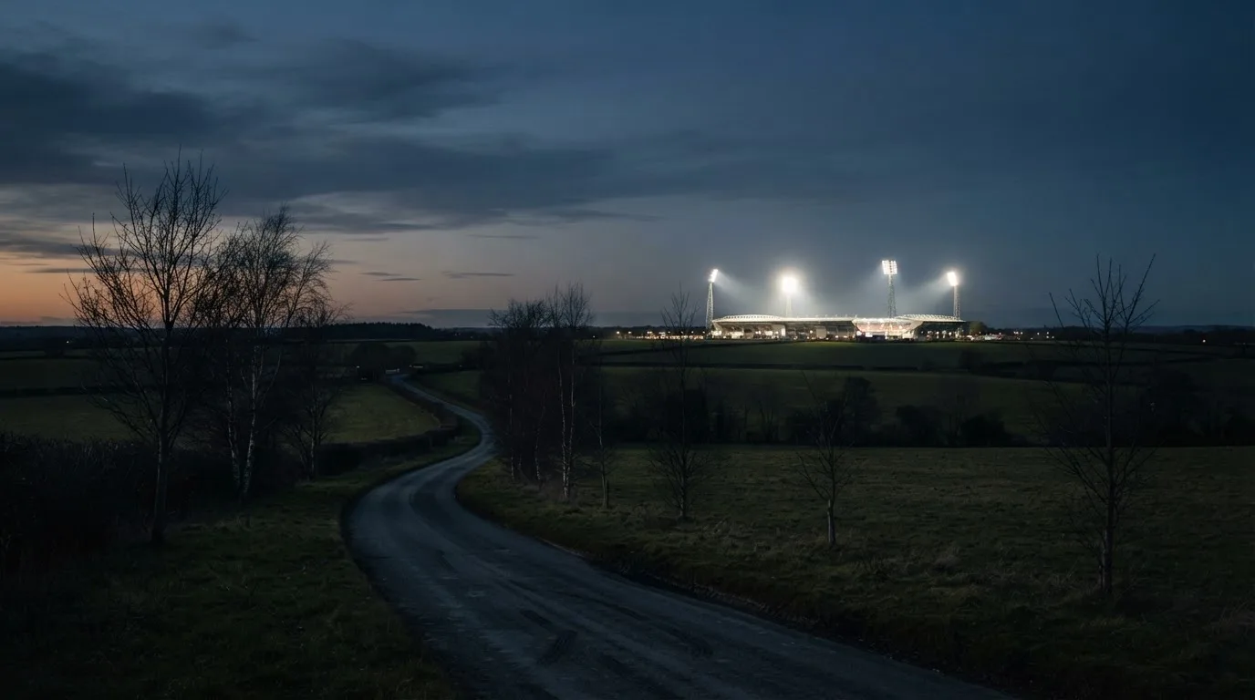Ein Stadion unter Flutlicht aus großer Entfernung gesehen, davor eine dunkle Landstraße und einzelne Bäume in der Dämmerung.