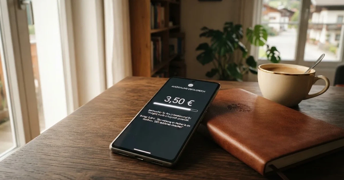 Ein Smartphone mit dunklem Display liegt neben einem Notizbuch und einer Kaffeetasse auf einem Schreibtisch im Licht eines Fensters.