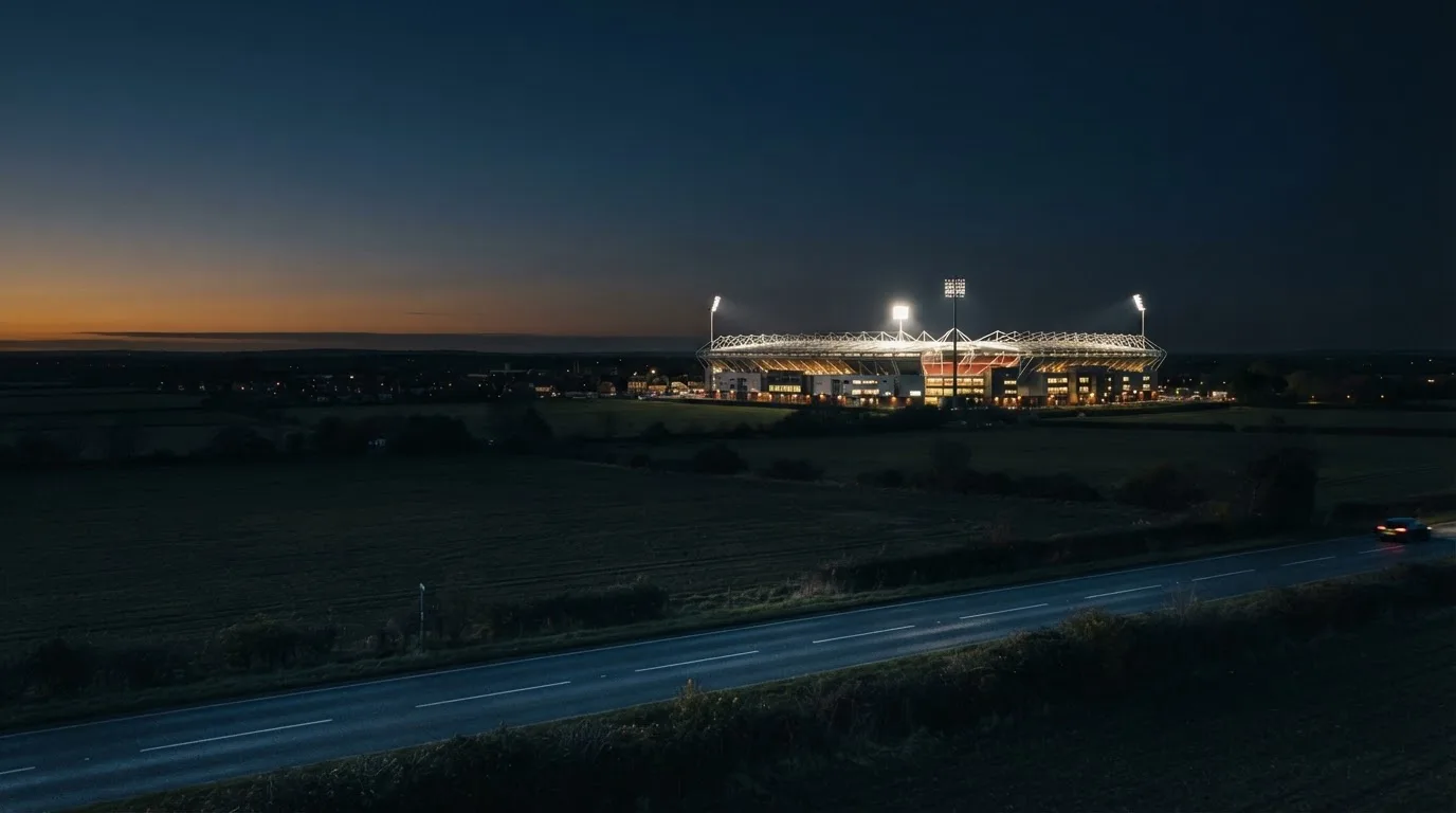 Ein Stadion unter Flutlicht aus großer Entfernung, davor Felder und eine ruhige Straße in der Dämmerung.
