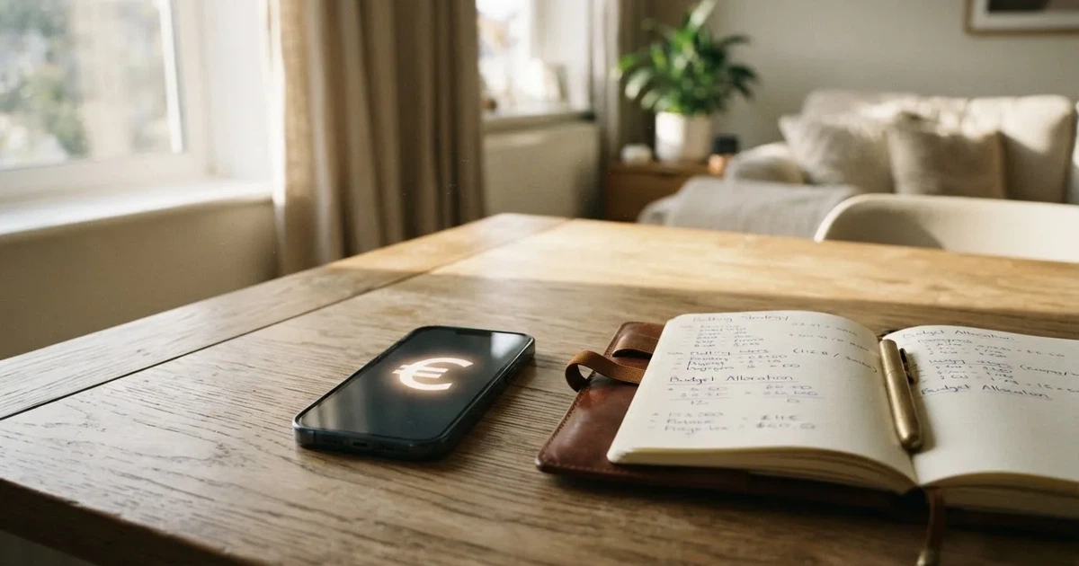 Ein Smartphone mit dunklem Display liegt auf einem Holztisch neben einem Notizbuch, durch das Fenster fällt klares Morgenlicht.