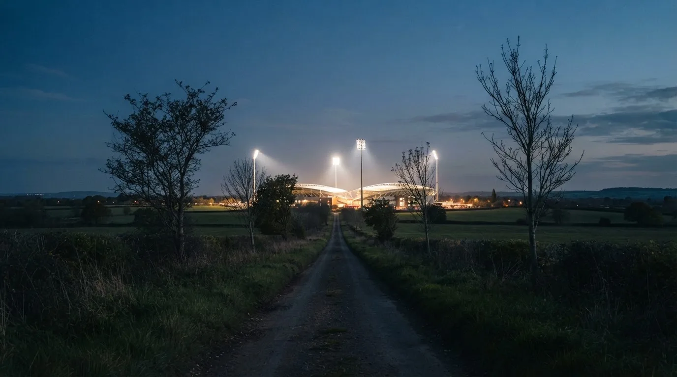 Ein Stadion unter Flutlicht aus großer Entfernung gesehen, davor eine dunkle Landstraße und einzelne Bäume.