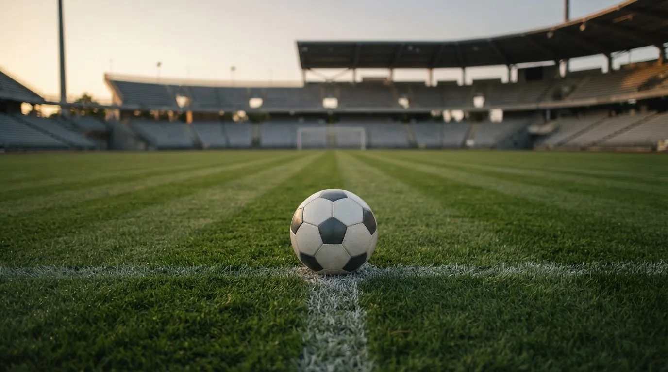 Ein Fußball liegt auf dem Anstoßpunkt eines leeren Rasenplatzes, dahinter eine menschenleere Tribüne im weichen Abendlicht.