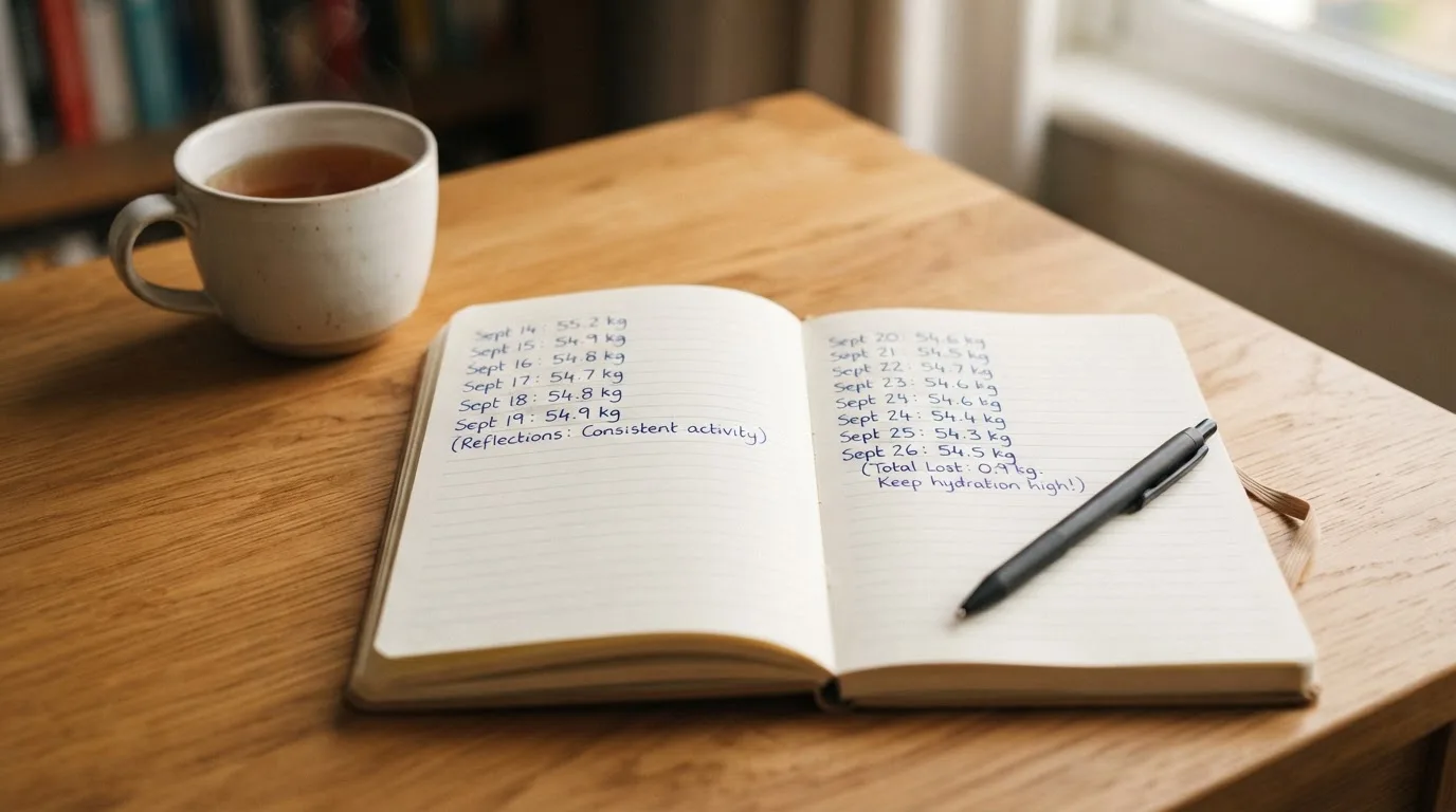 Ein aufgeschlagenes Notizbuch mit handgeschriebenen Notizen und ein Kugelschreiber liegen auf einem Schreibtisch neben einer Tasse Tee.