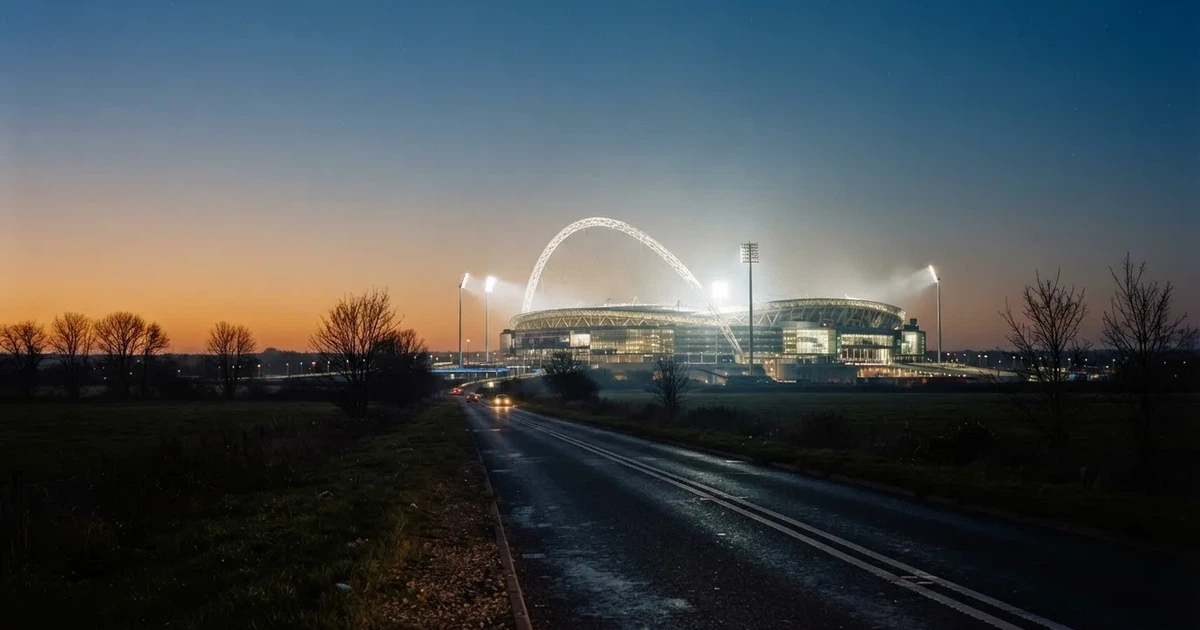 Ein Stadion unter Flutlicht aus großer Entfernung gesehen, davor eine dunkle Landstraße und einzelne Bäume in der Abenddämmerung.