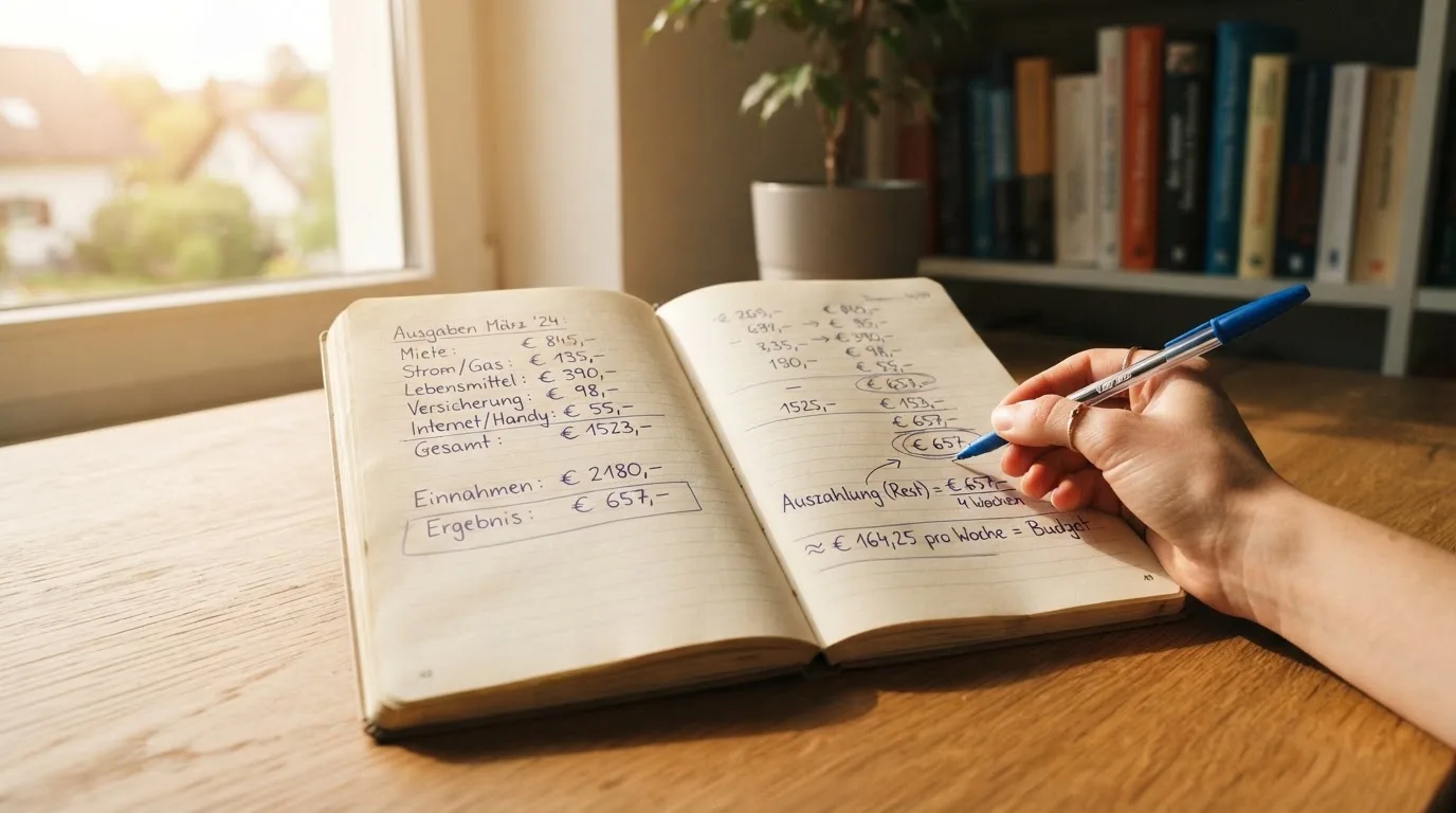 Ein Notizbuch mit handschriftlichen Rechnungen und ein Taschenrechner auf einem Schreibtisch, im Fenster fällt Morgenlicht.