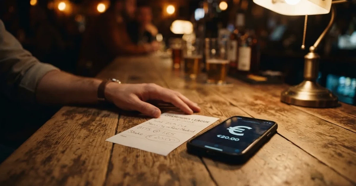 Eine Hand schiebt einen kleinen Stapel Euro-Münzen über eine Tischplatte, daneben liegt ein leerer Wettschein aus Papier im warmen Lampenlicht.