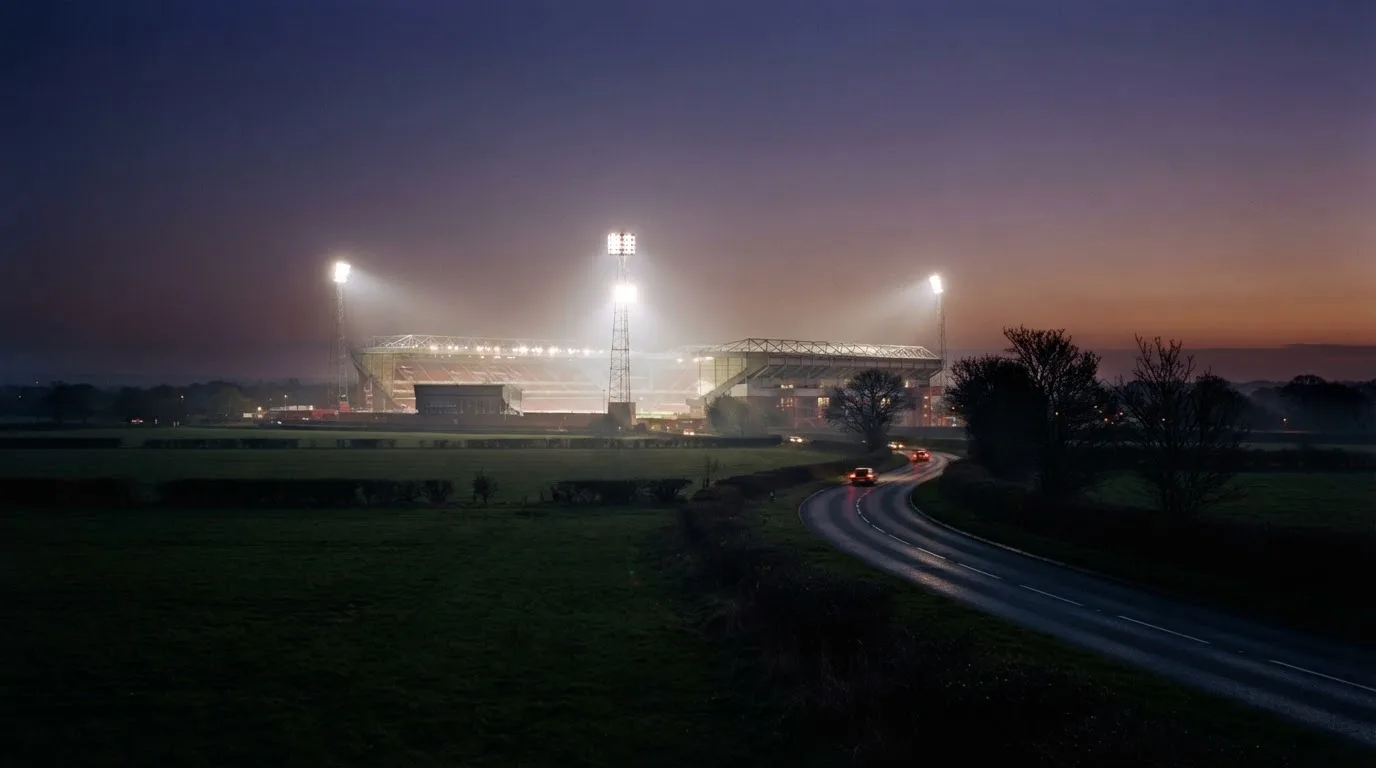 Ein Fußballstadion unter Flutlicht aus großer Entfernung gesehen, davor Felder und eine ruhige Straße in der Dämmerung.