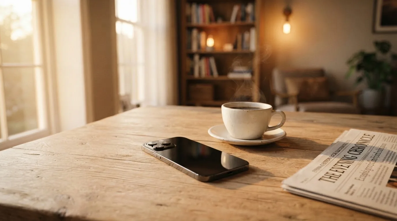 Ein Smartphone mit dunklem Display liegt auf einem Holztisch neben einer Tasse Kaffee, am Fenster fällt Abendlicht.