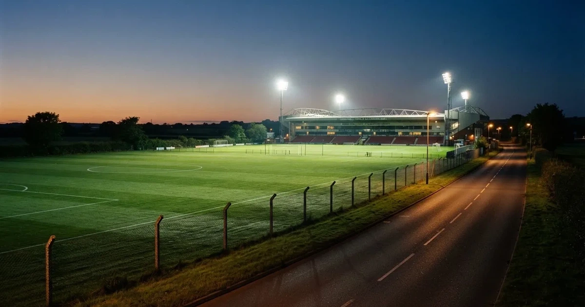 Ein Fußballstadion unter Flutlicht aus großer Entfernung gesehen, davor Felder und eine ruhige Straße in der Dämmerung.