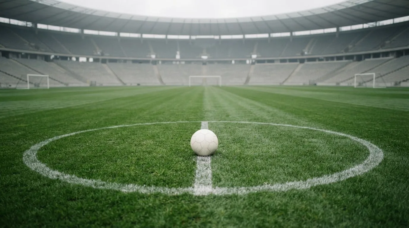 Ein Fußball liegt auf dem Anstoßpunkt eines leeren Rasenplatzes, dahinter eine leere Tribüne in weichem Licht.