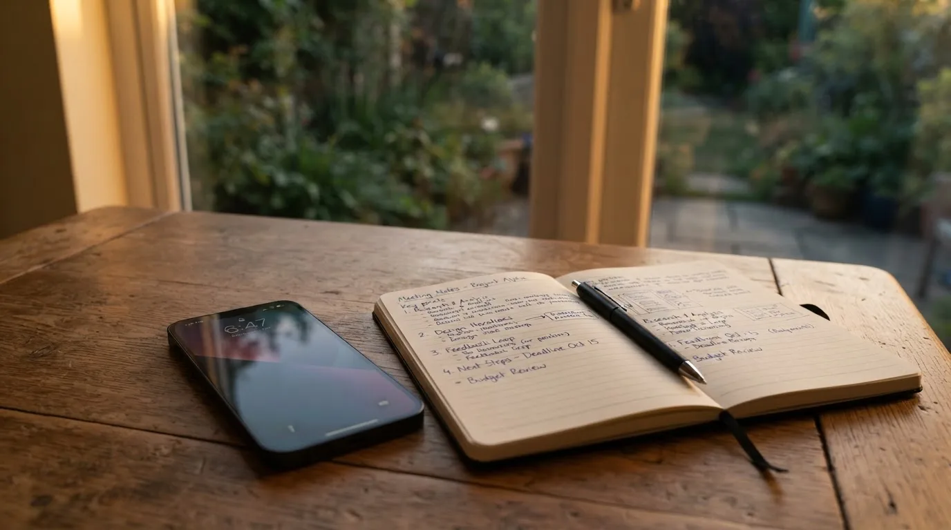 Ein Smartphone mit dunklem Display liegt auf einem Holztisch neben einem Notizbuch, durch das Fenster fällt Abendlicht.