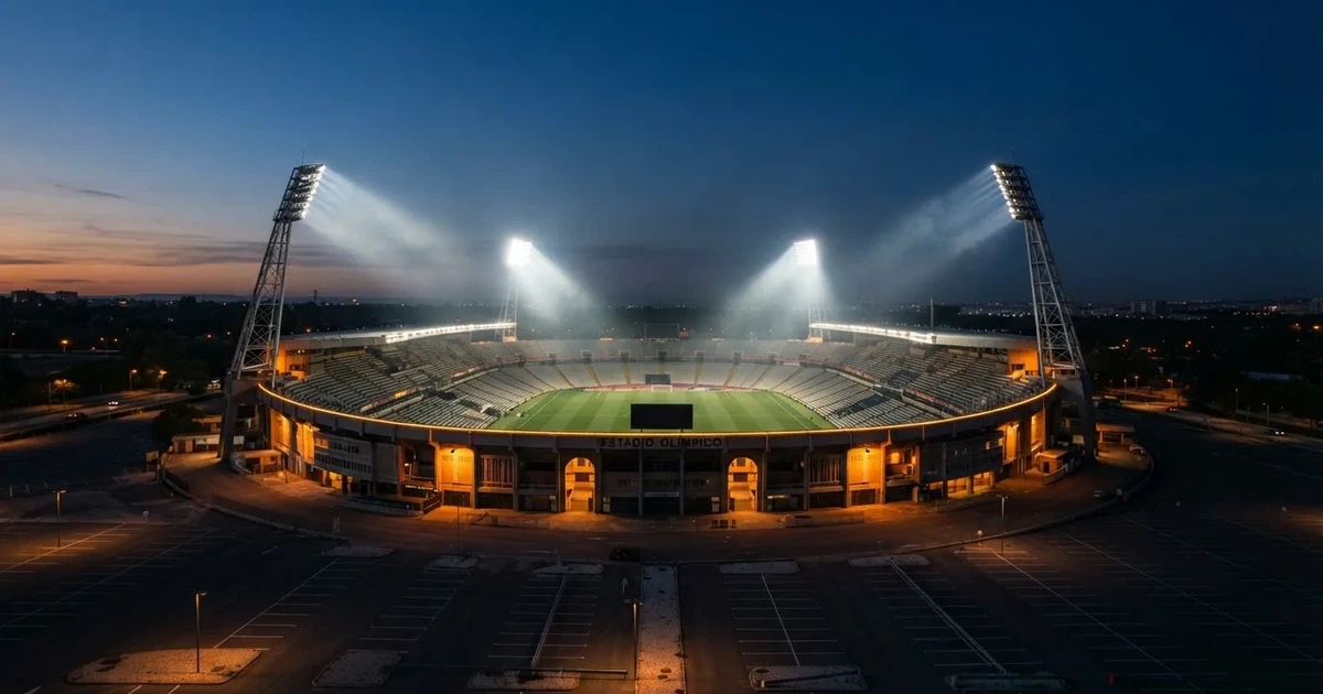 Ein Fußballstadion unter Flutlicht aus großer Entfernung gesehen, die Lichtkegel stehen im dunklen Abendhimmel über leeren Parkplätzen.