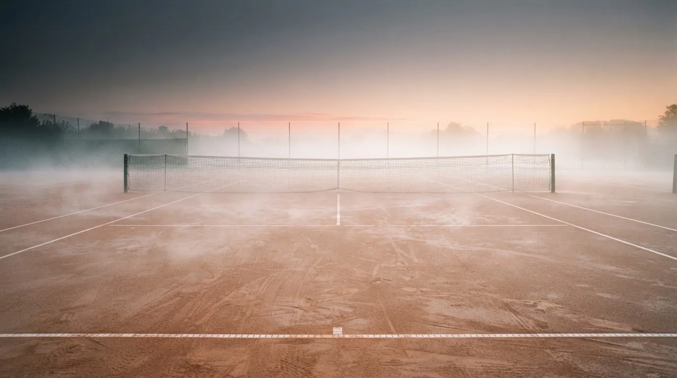 Ein Tennisplatz im Morgengrauen mit Netz und Linien, über dem Sandboden liegt leichter Nebel und niemand ist zu sehen.