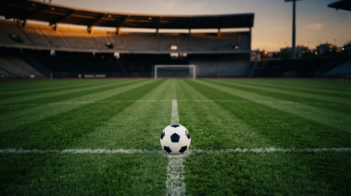 Ein Fußball liegt auf dem Anstoßpunkt eines leeren Rasenplatzes, im Hintergrund eine menschenleere Tribüne im weichen Abendlicht.