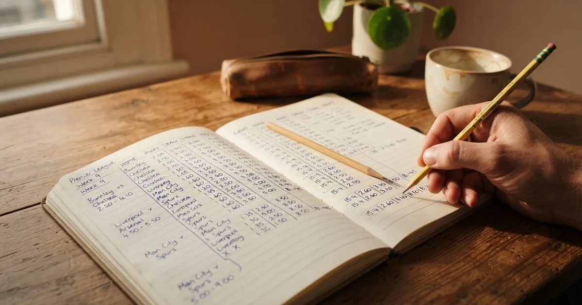 Ein Notizbuch mit handschriftlichen Zahlenreihen und ein Bleistift liegen auf einem Schreibtisch neben einem Taschenrechner im Morgenlicht.