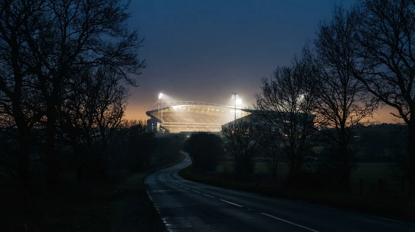 Ein Stadion unter Flutlicht aus großer Entfernung gesehen, davor eine dunkle Landstraße und einzelne Bäume in der Dämmerung.