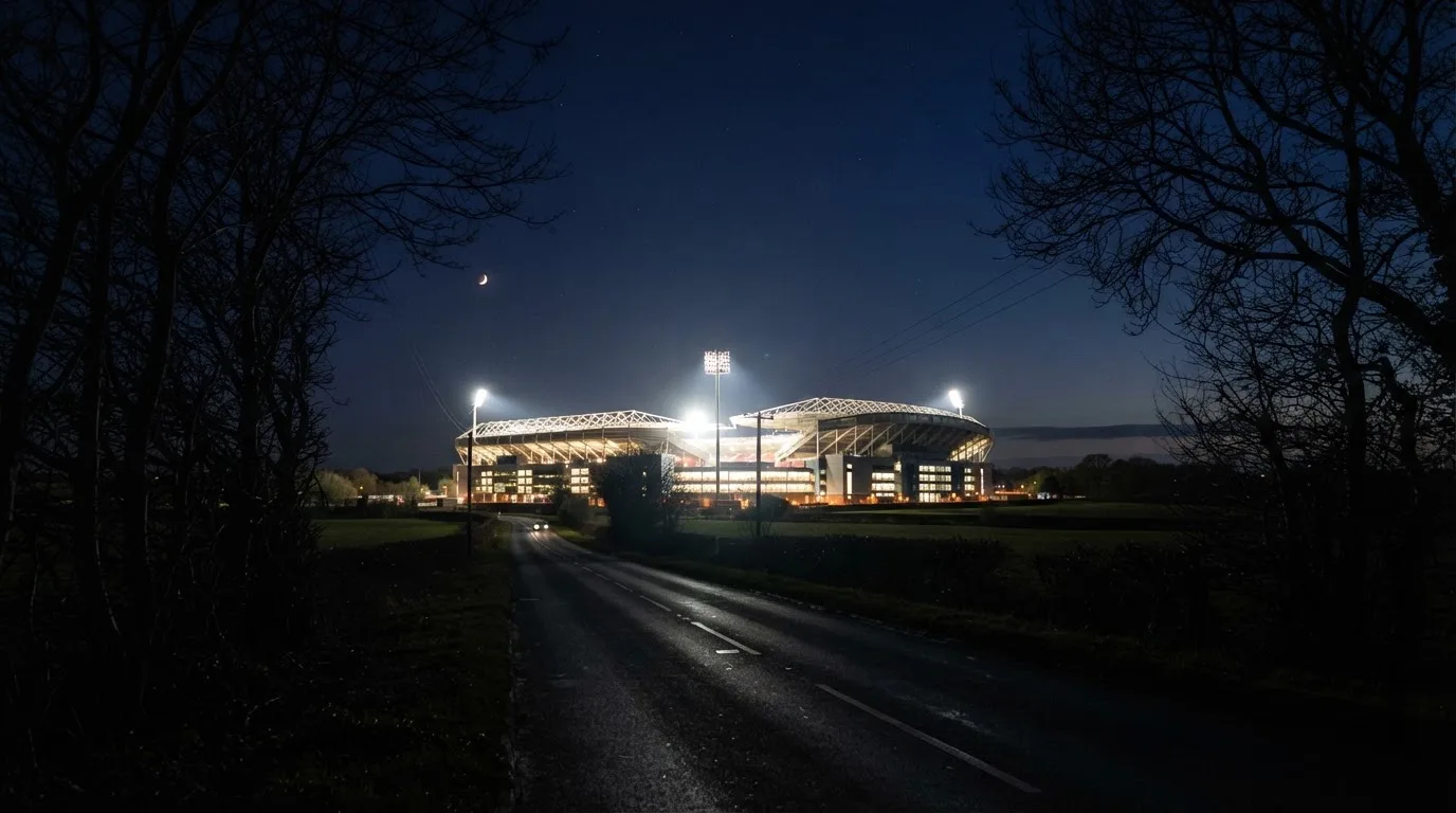 Ein großes Stadion unter Flutlicht aus weiter Entfernung gesehen, davor eine dunkle Landstraße und ein paar Bäume.