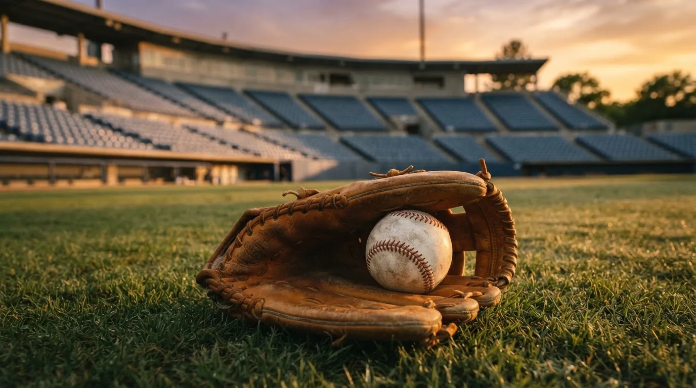 Ein Baseball liegt auf dem Rasen neben einem Lederhandschuh ohne Aufschrift, im Hintergrund eine leere Tribüne im Abendlicht.
