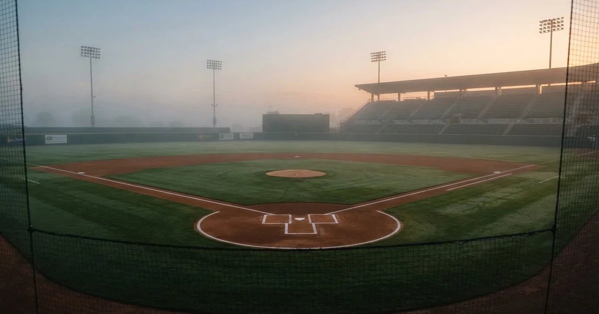 Ein leeres Baseballfeld mit Sandfläche, Basen und weißen Linien in der Morgendämmerung, über dem Rasen liegt leichter Nebel.