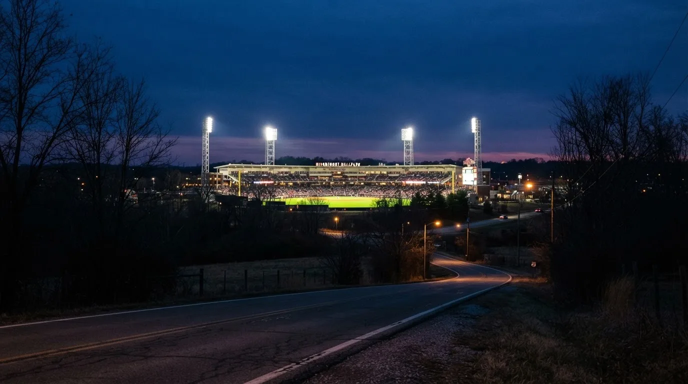Ein Stadion unter Flutlicht aus großer Entfernung gesehen, davor eine dunkle Landstraße und einzelne Bäume in der Dämmerung.