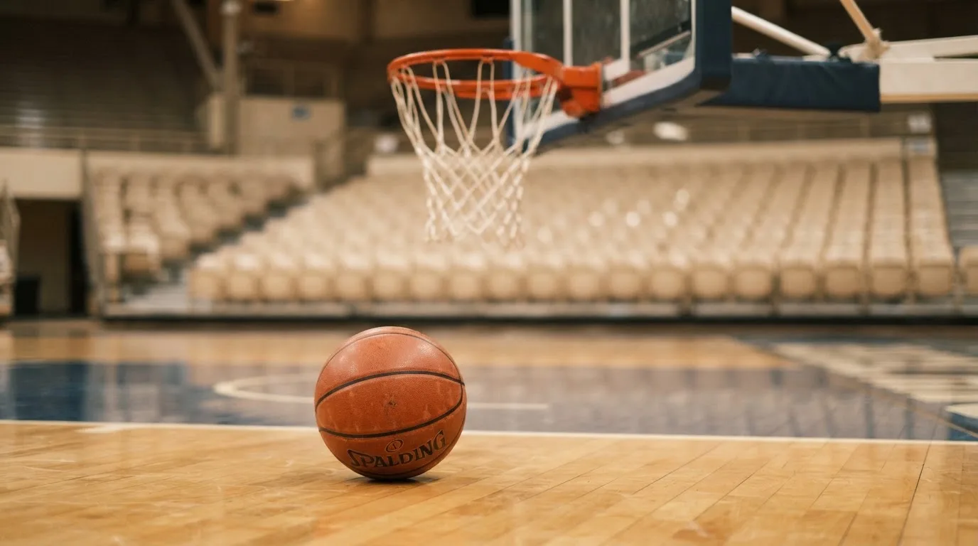 Ein orangefarbener Basketball liegt auf einem Hallenboden unter dem Netz eines Korbs, im Hintergrund unscharf leere Sitzreihen.