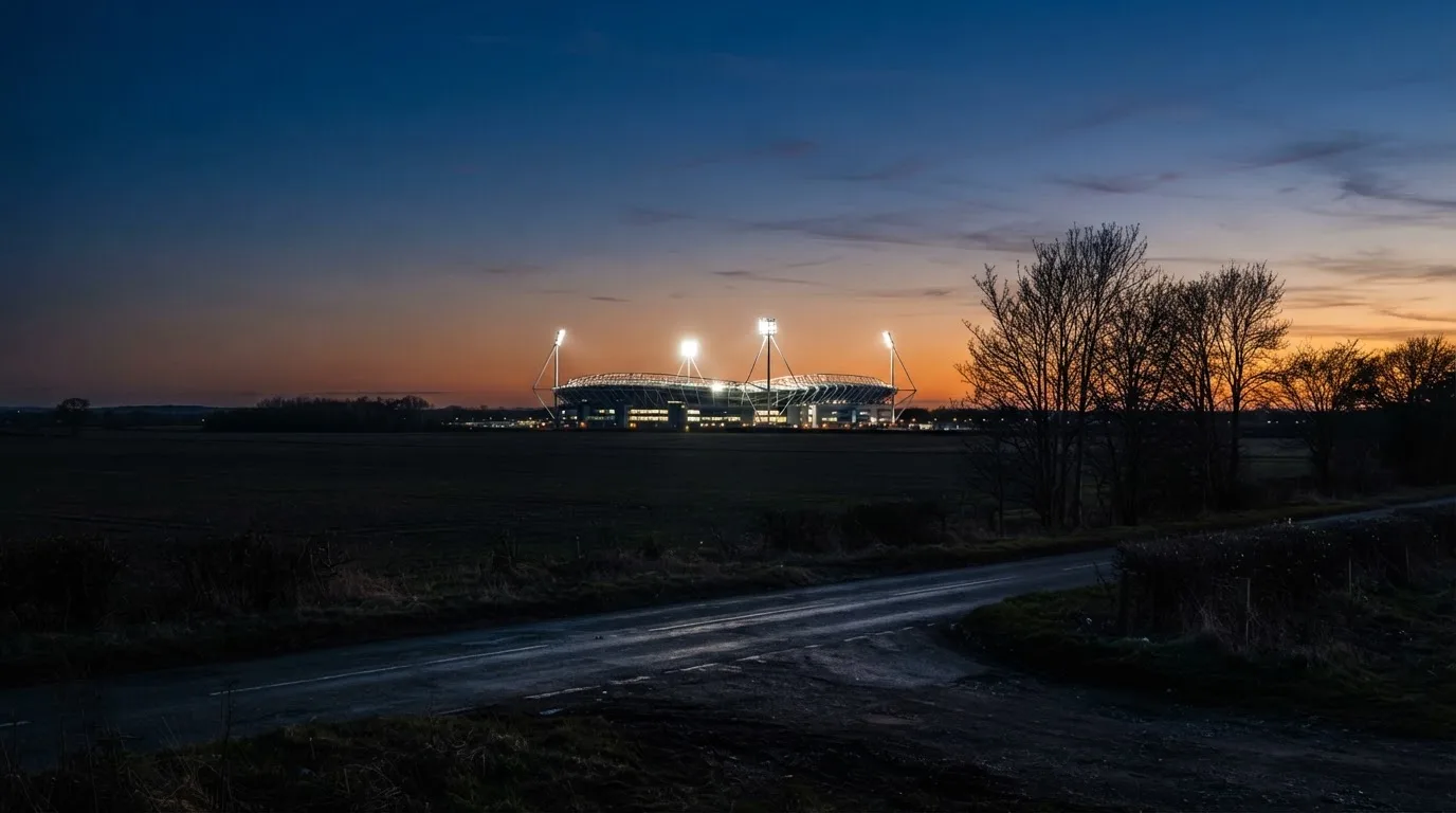 Ein Stadion unter Flutlicht aus großer Entfernung gesehen, davor eine dunkle Landstraße und einzelne Bäume in der Dämmerung.