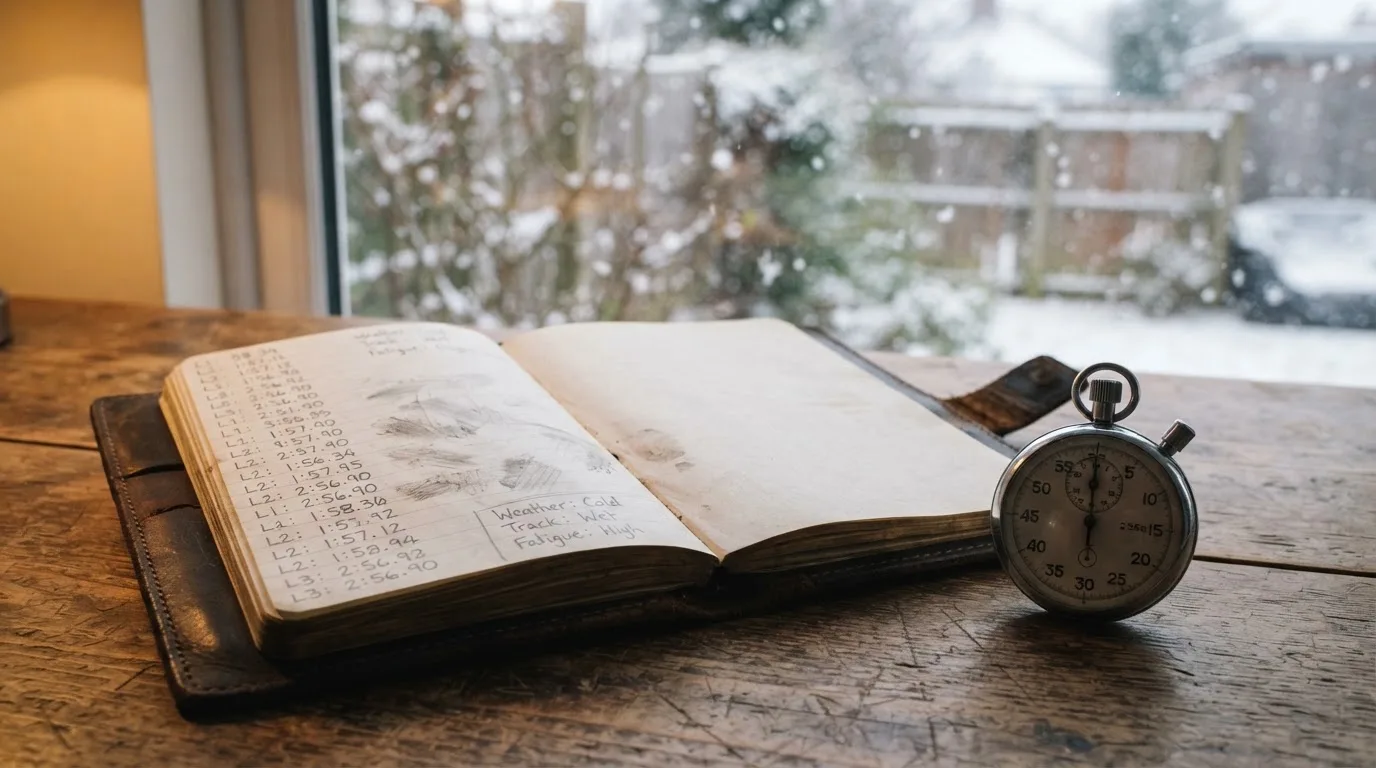 Ein Notizbuch mit handschriftlichen Zeiten liegt neben einer Stoppuhr auf einem Holztisch, draußen vor dem Fenster fällt Schnee.