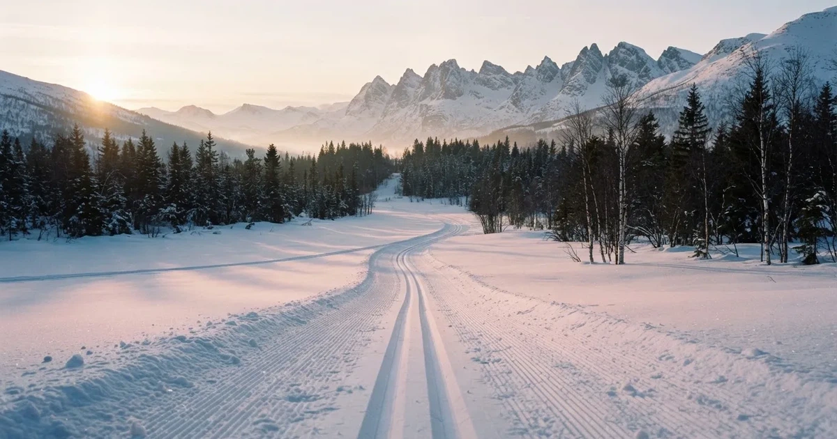 Eine verschneite Loipe im Morgenlicht mit gespurter Spur, im Hintergrund dunkler Nadelwald und eine Bergkette ohne Menschen.