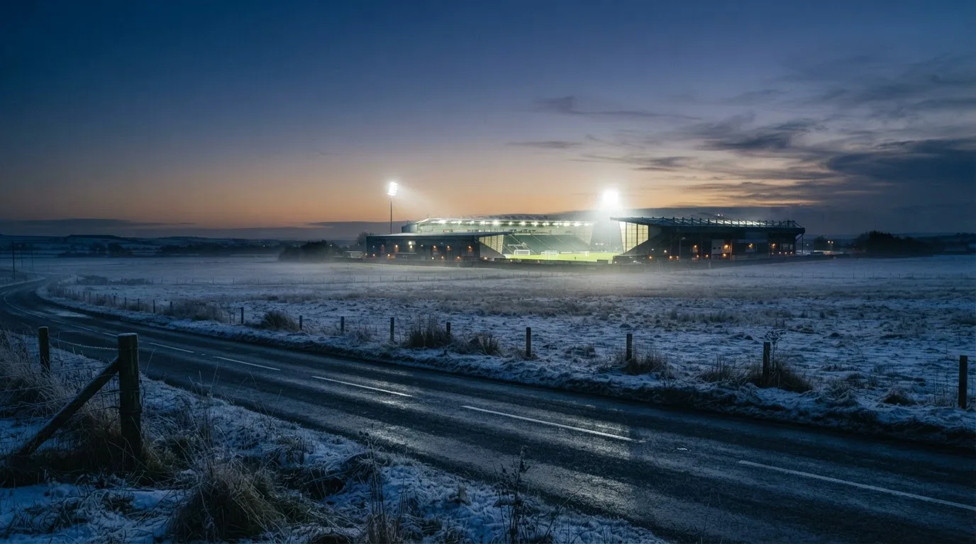 Ein Fußballstadion unter Flutlicht aus großer Entfernung gesehen, davor Felder und eine ruhige Straße in der Dämmerung.