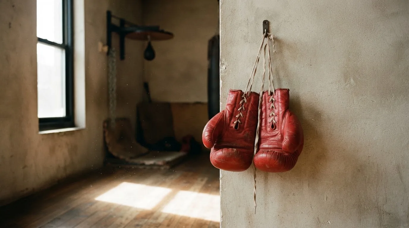 Ein Paar Boxhandschuhe hängt an einem Haken in einer leeren Trainingshalle, durch ein Fenster fällt Tageslicht auf den Boden.