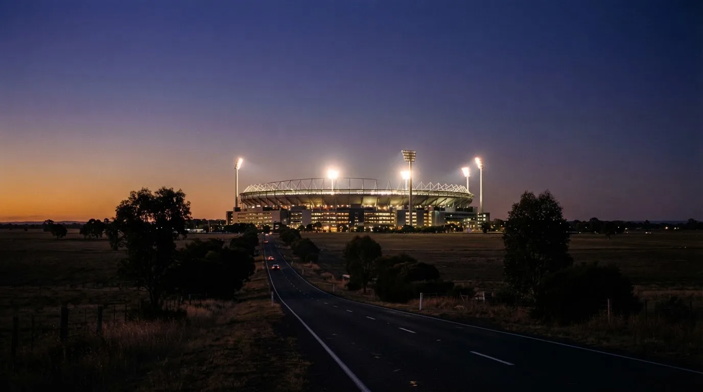 Ein Stadion unter Flutlicht aus großer Entfernung gesehen, davor eine dunkle Landstraße und einzelne Bäume in der Dämmerung.