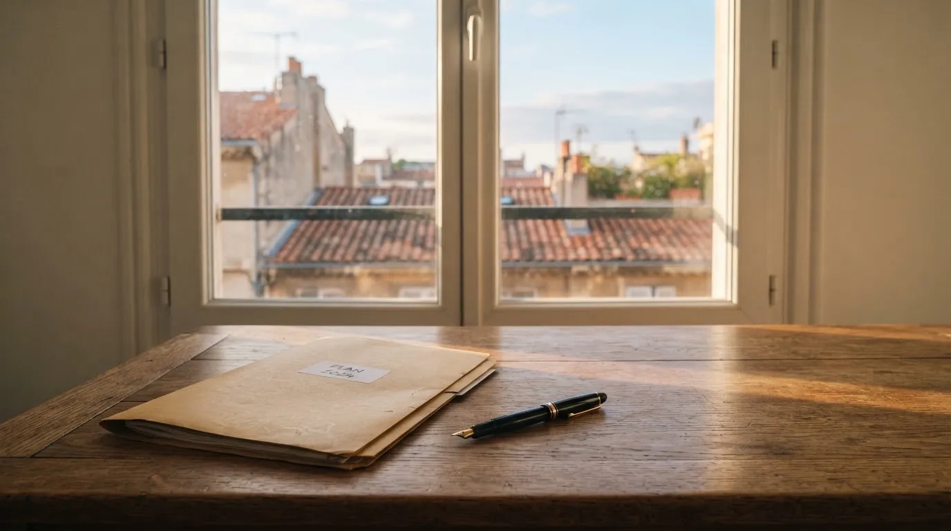Ein leerer Schreibtisch mit Füllfeder und geschlossenem Ordner im Morgenlicht, daneben ein Fenster mit Blick auf Dächer.