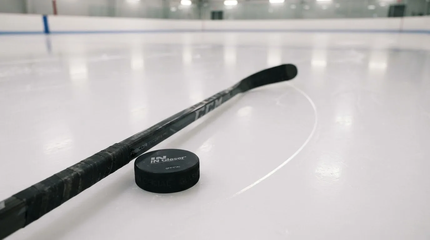 Ein Eishockeyschläger und ein schwarzer Puck liegen auf dem Eis, eine Kratzspur zieht sich durch das Bild.