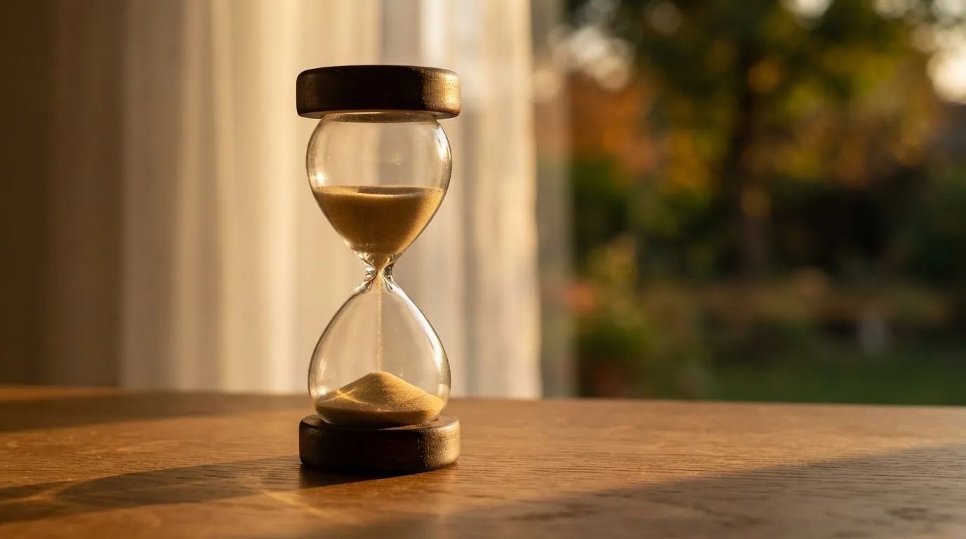 Eine Sanduhr steht auf einem Holztisch, im Hintergrund ein unscharfes Fenster mit goldenem Abendlicht.