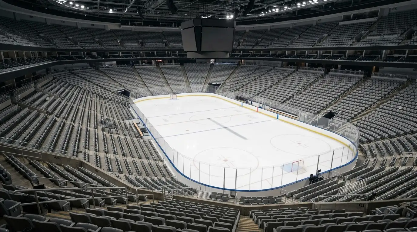 Eine Eishalle von der obersten Tribünenreihe aus gesehen, die Eisfläche glänzt, ein einzelner Puck ist als Schatten in Bewegung.