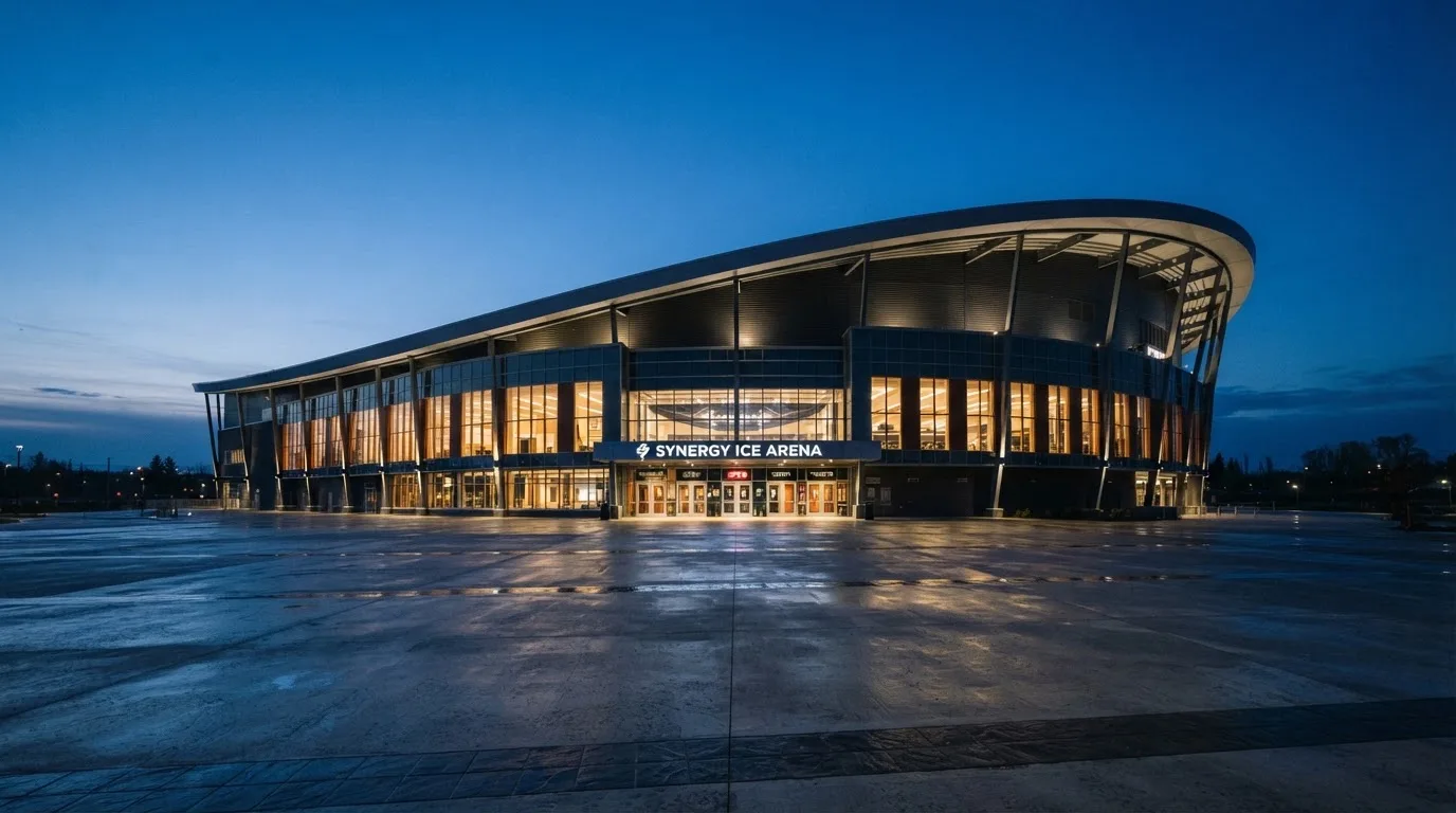 Ein Stadion mit Dach von außen in der blauen Stunde, hell erleuchtete Fenster, auf dem Vorplatz keine Personen.