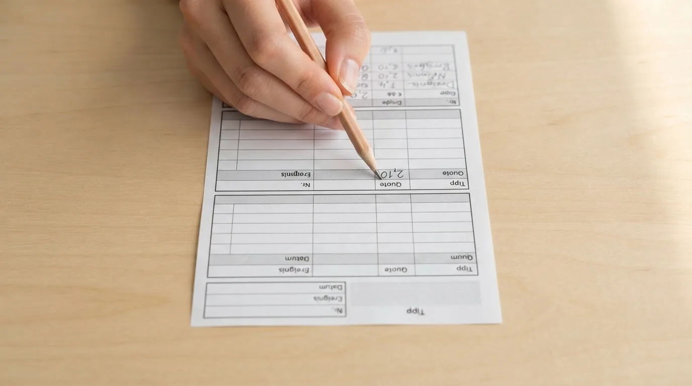 Ein leerer Wettschein aus Papier und ein Bleistift liegen auf einer hellen Tischplatte, aufgenommen von oben.
