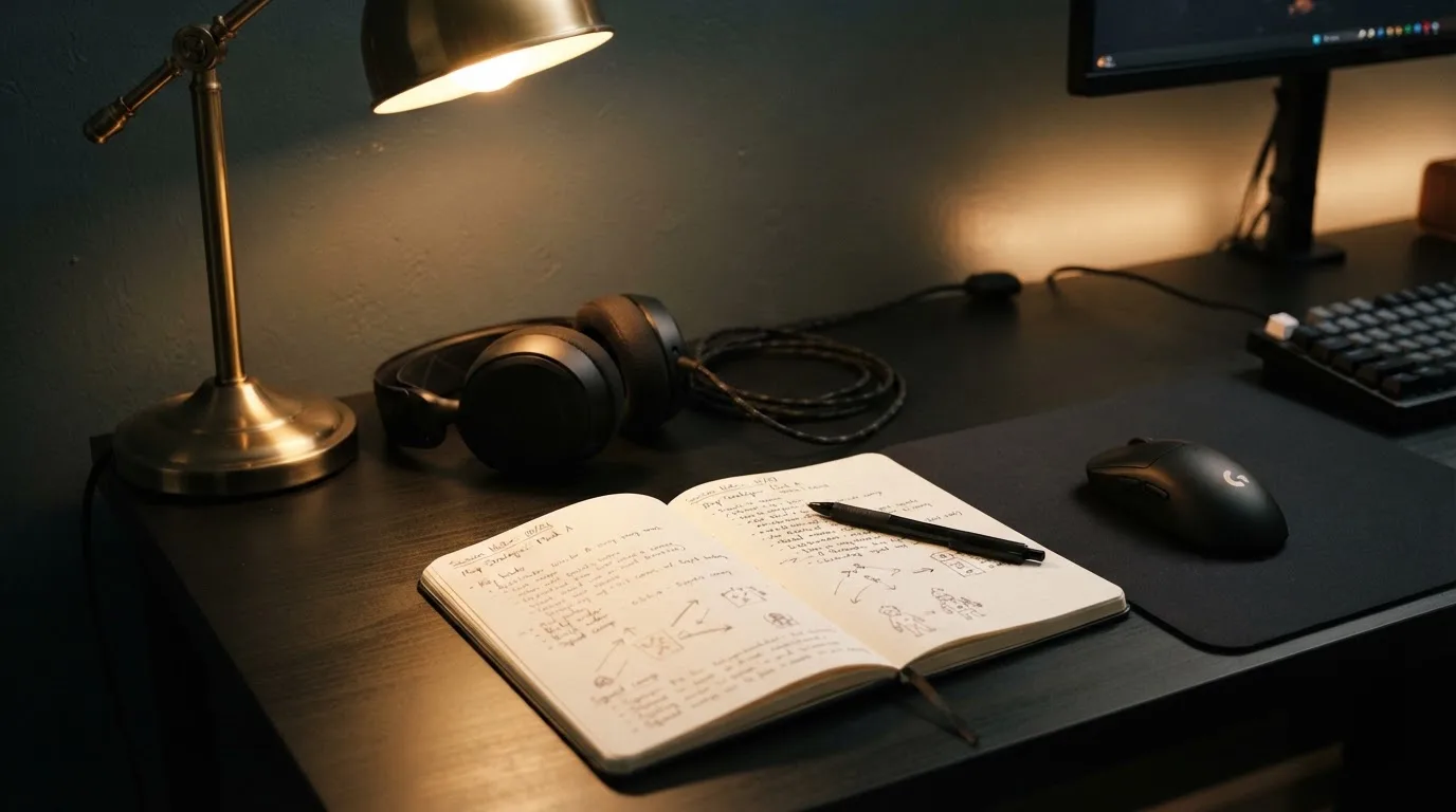 Ein Headset und eine Computermaus liegen auf einem Schreibtisch neben einem Notizbuch mit handschriftlichen Notizen, Lampenlicht am Abend.