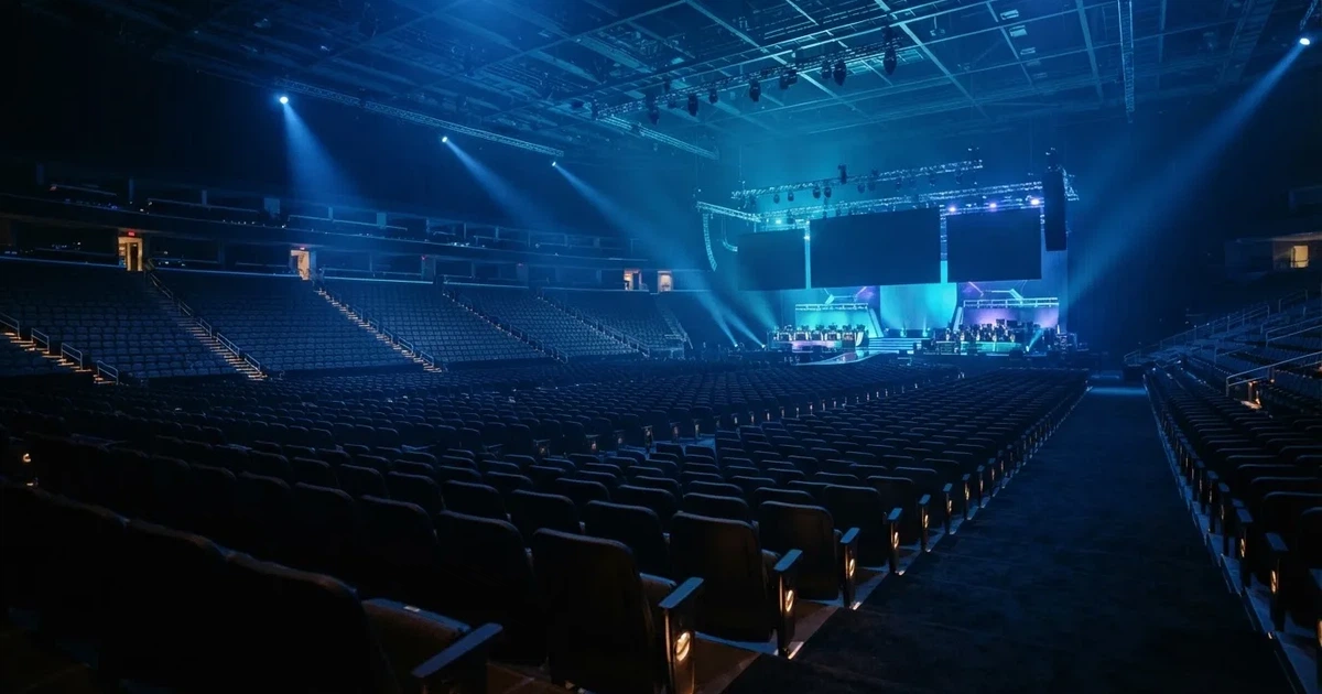 Eine leere Arena von hinten gesehen, Sitzreihen und eine große Bühne in blauem Scheinwerferlicht, keine Personen im Bild.