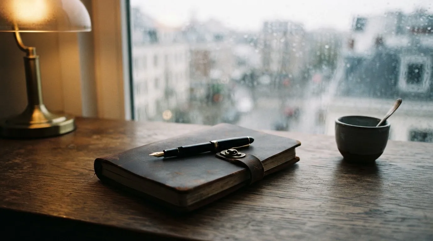Ein Schreibtisch mit Füllfeder und geschlossenem Notizbuch vor einem regennassen Fenster, die Szene ist ruhig und ohne lesbaren Text.