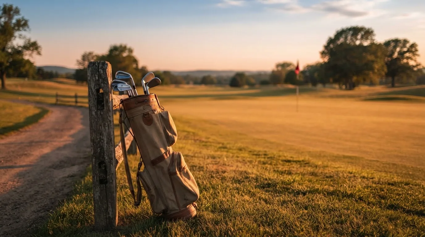 Ein Golfbag mit Schlägern lehnt an einem Holzzaun am Rand einer Spielbahn, tiefstehende Sonne von der Seite.